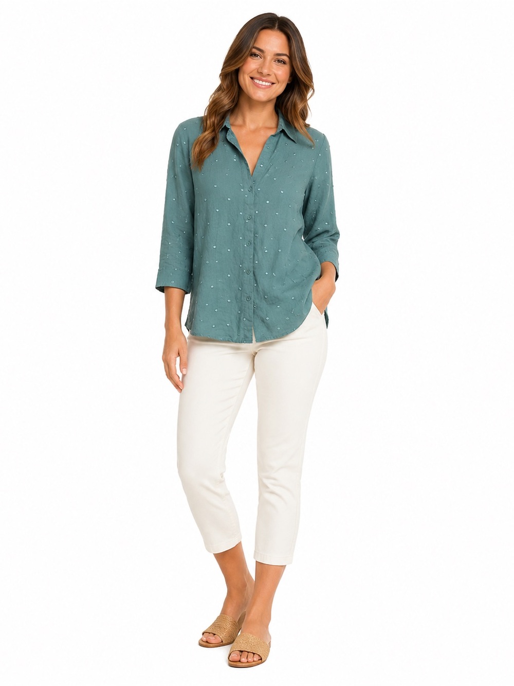 Teal Button-Front Dot Blouse 100% Linen - 0826